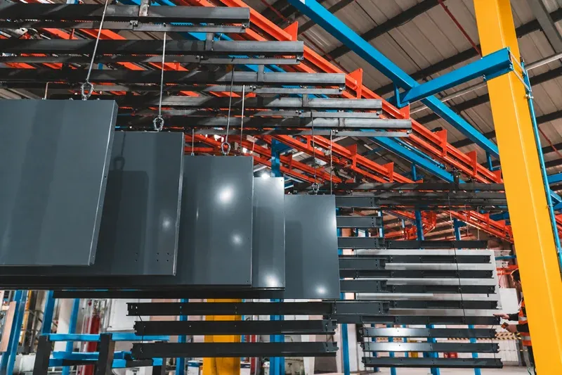 Sistema de transporte aéreo industrial que da soporte a las operaciones de fabricación de puertas.